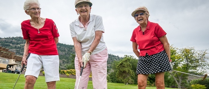 Old women playing golf at a retirement village. 