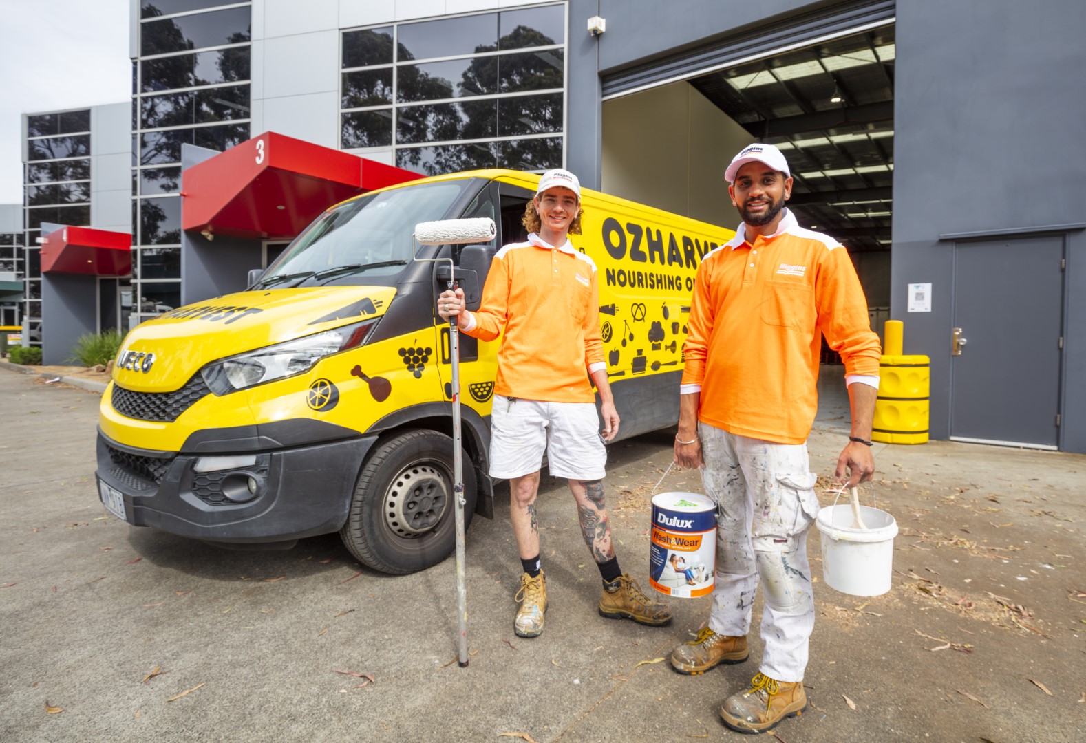 Higgins Painters, Robert Ingram and Pargot Singh, ready to paint OzHarvest's new Port Melbourne facility