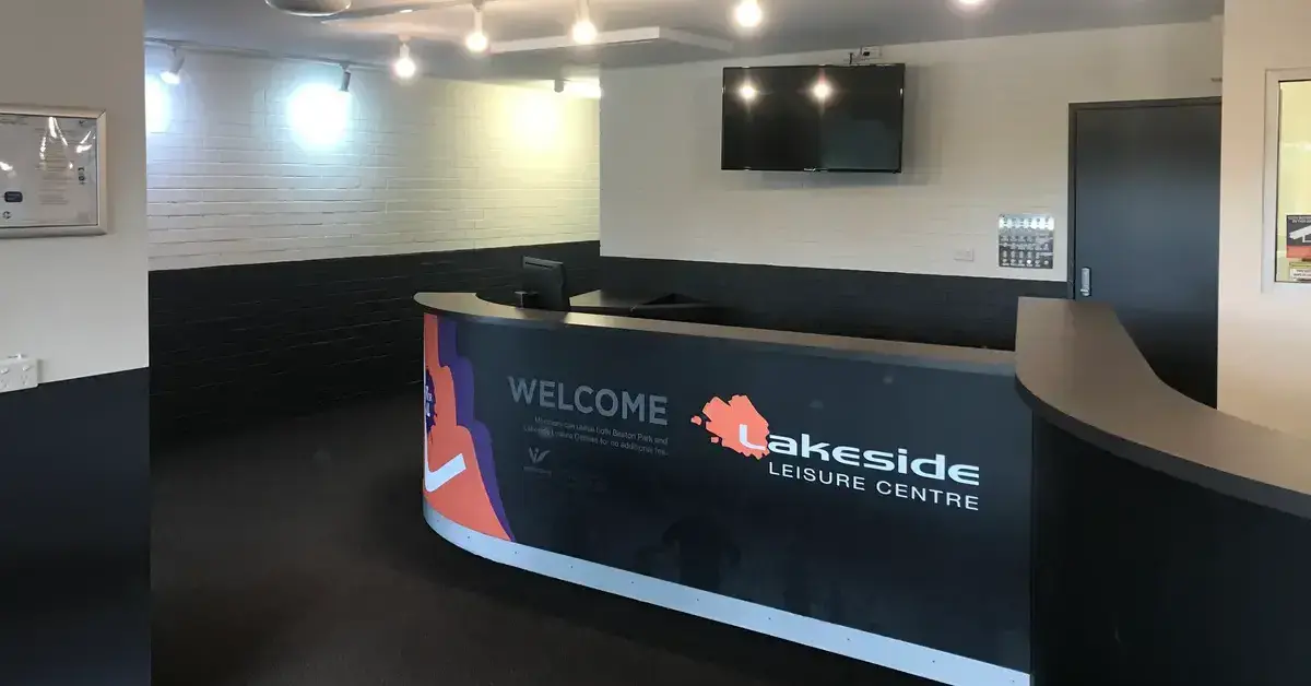 The empty reception desk and waiting area of the Lakeside Leisure Centre.